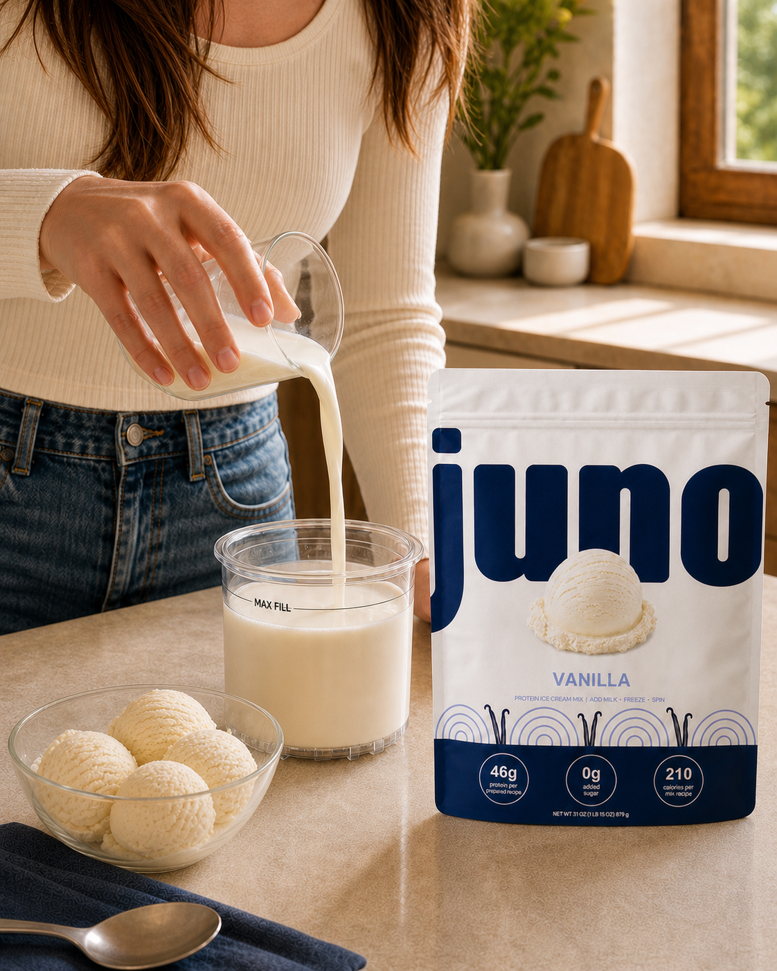 Juno protein ice cream prepared as a creamy frozen dessert