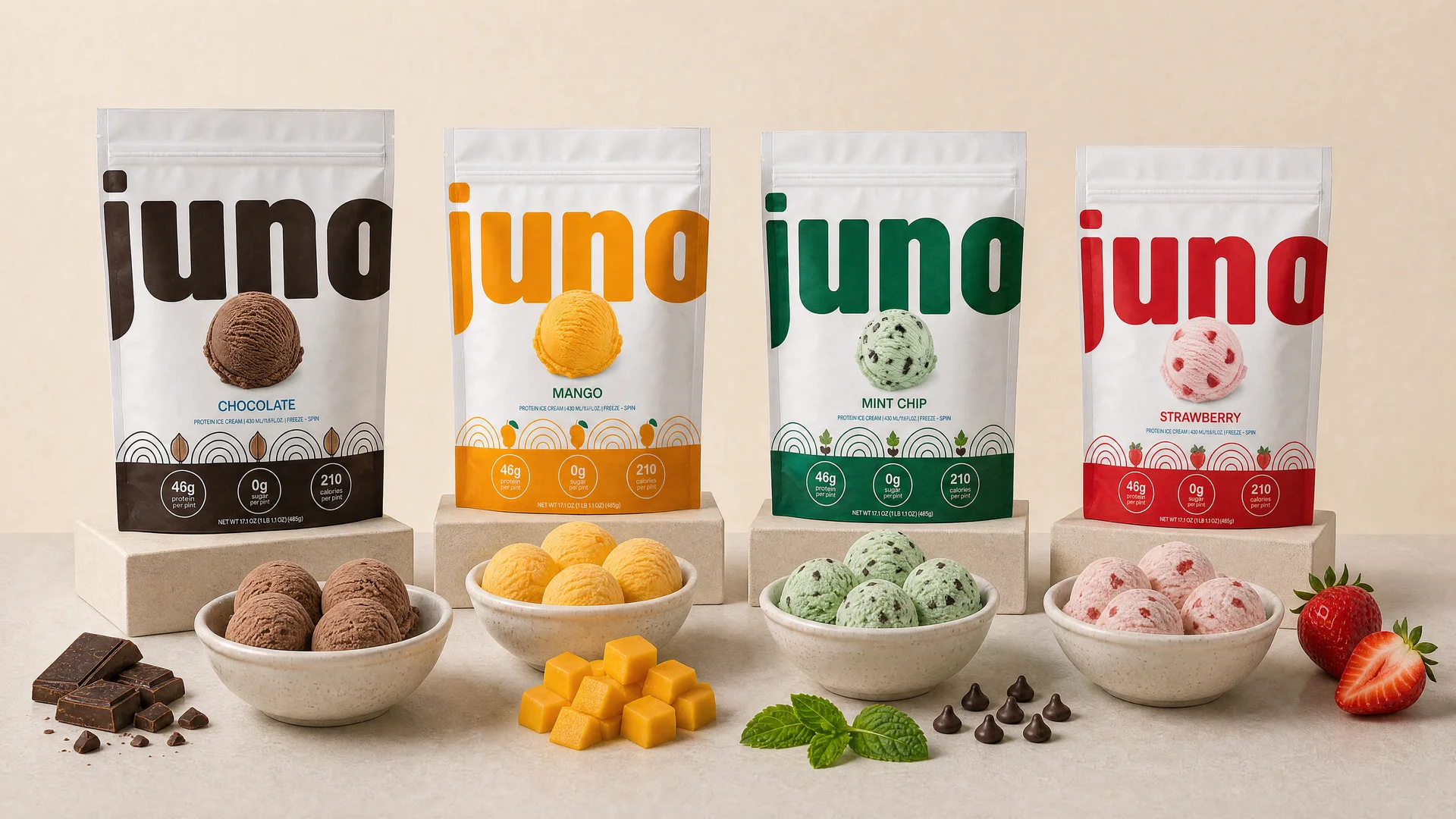 Juno Chocolate, Mango, Mint Chip, and Strawberry pouches with matching bowls of protein ice cream